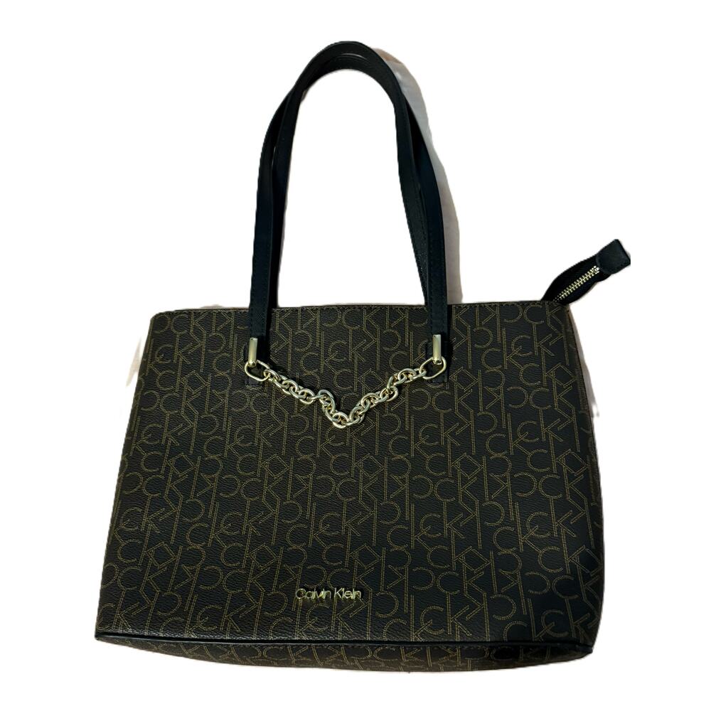 Calvin Klein Purse Tote Bag Black Shoulder Strap Gold Chain Pockets Zip Clos EUC